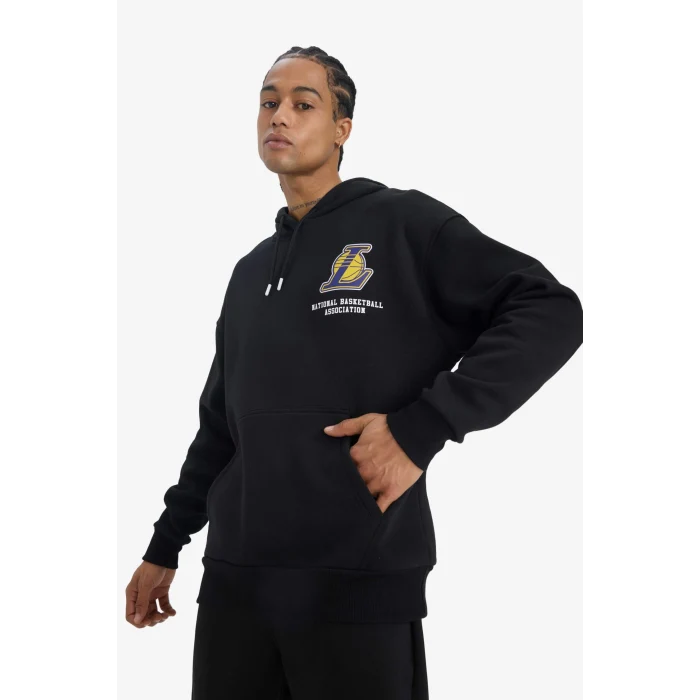 Defacto D8489 Siyah DeFactoFit NBA Los Angeles Lakers Oversize Geniş Kalıp Kapüşonlu Kalın Sweatshirt
