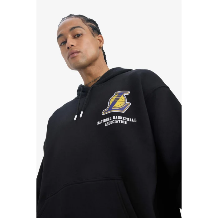 Defacto D8489 Siyah DeFactoFit NBA Los Angeles Lakers Oversize Geniş Kalıp Kapüşonlu Kalın Sweatshirt