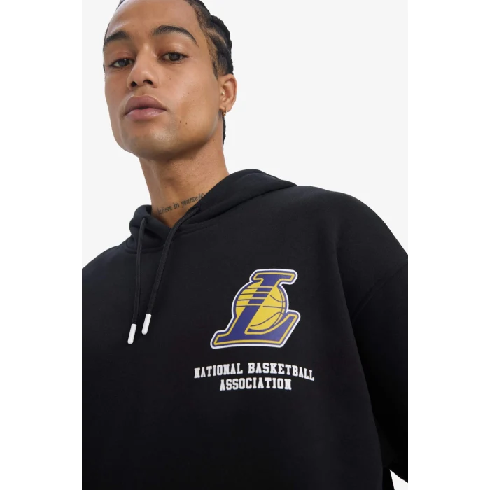 Defacto D8489 Siyah DeFactoFit NBA Los Angeles Lakers Oversize Geniş Kalıp Kapüşonlu Kalın Sweatshirt