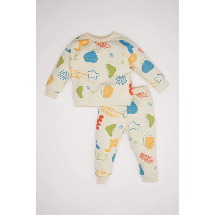 Defacto D5822 Ekru Erkek Bebek 2li Takım Desenli İnce Sweatshirt Alt
