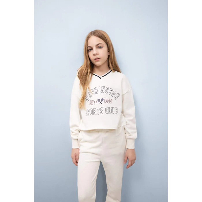 Defacto D9886 Beyaz Kız Çocuk 2li Takım Baskılı Sweatshirt Beli Paçası Lastikli Eşofman Altı