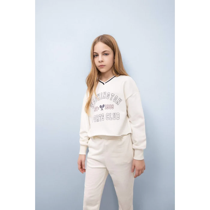 Defacto D9886 Beyaz Kız Çocuk 2li Takım Baskılı Sweatshirt Beli Paçası Lastikli Eşofman Altı