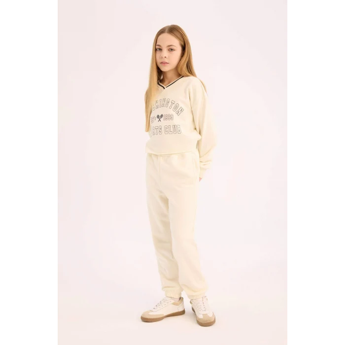 Defacto D9886 Beyaz Kız Çocuk 2li Takım Baskılı Sweatshirt Beli Paçası Lastikli Eşofman Altı