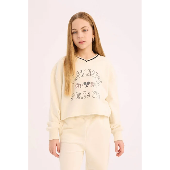 Defacto D9886 Beyaz Kız Çocuk 2li Takım Baskılı Sweatshirt Beli Paçası Lastikli Eşofman Altı