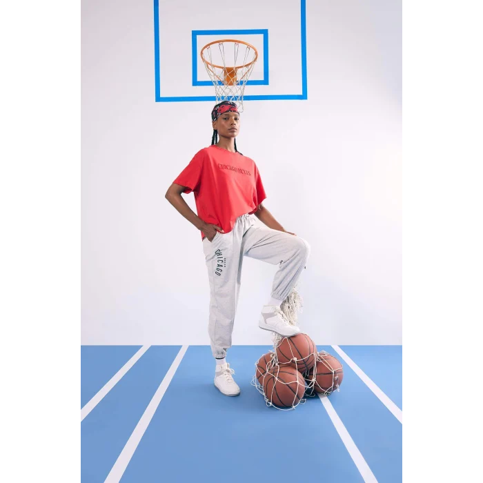 Defacto B9998 Gri DeFactoFit NBA Chicago Bulls Jogger Çift Cepli Jogger Paça Standart Boy Eşofman Altı