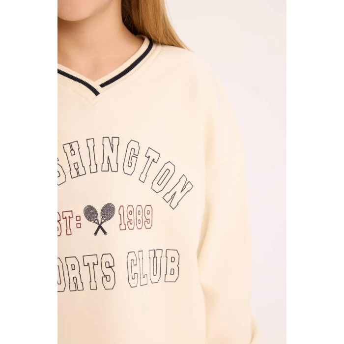 Defacto D9886 Beyaz Kız Çocuk 2li Takım Baskılı Sweatshirt Beli Paçası Lastikli Eşofman Altı