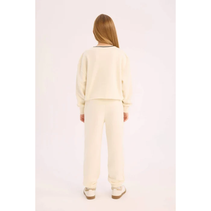 Defacto D9886 Beyaz Kız Çocuk 2li Takım Baskılı Sweatshirt Beli Paçası Lastikli Eşofman Altı