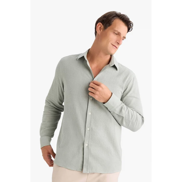 Defacto D7394 Haki %100 Pamuk Regular Fit İnce Kumaş Polo Yaka Uzun Kollu Gömlek