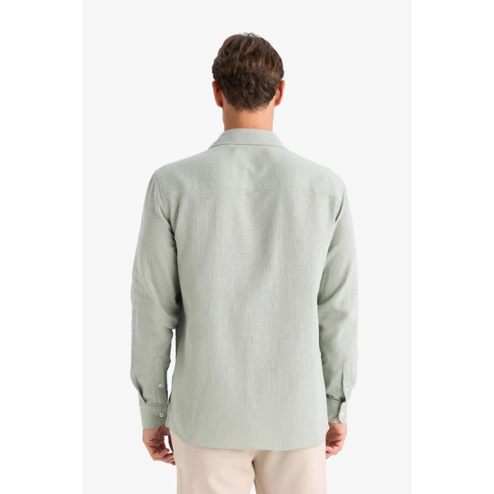 Defacto D7394 Haki %100 Pamuk Regular Fit İnce Kumaş Polo Yaka Uzun Kollu Gömlek