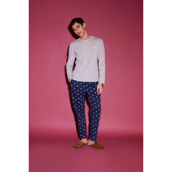 Defacto E5889 Gri Pijama Takımı Baskılı Uzun Kollu Üst Esnek Belli Uzun Alt