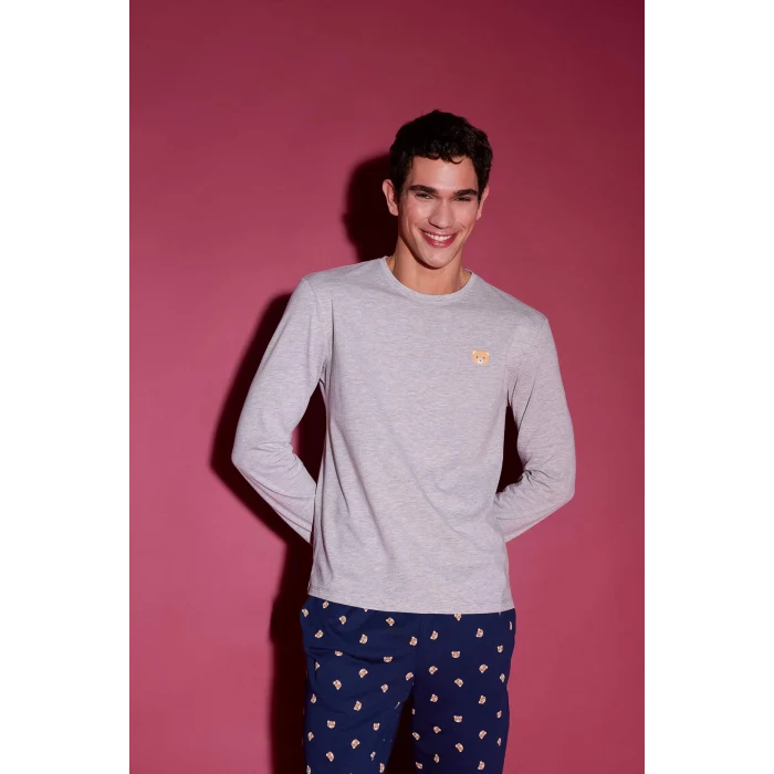 Defacto E5889 Gri Pijama Takımı Baskılı Uzun Kollu Üst Esnek Belli Uzun Alt