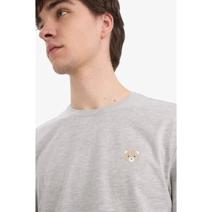 Defacto E5889 Gri Pijama Takımı Baskılı Uzun Kollu Üst Esnek Belli Uzun Alt