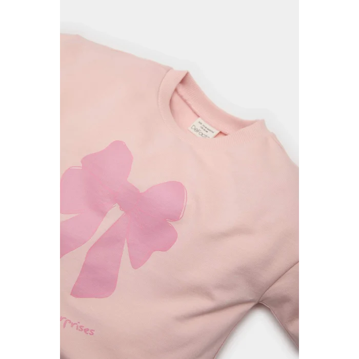 Defacto E2866 Pembe Kız Bebek 2li Takım Fiyonk Baskılı Sweatshirt Beli Lastikli Eşofman Altı