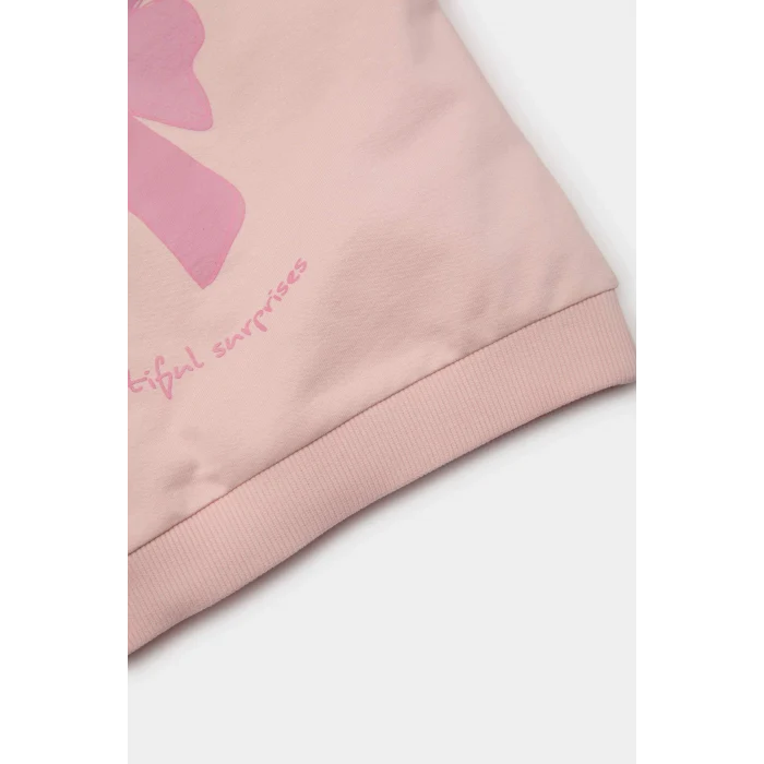 Defacto E2866 Pembe Kız Bebek 2li Takım Fiyonk Baskılı Sweatshirt Beli Lastikli Eşofman Altı