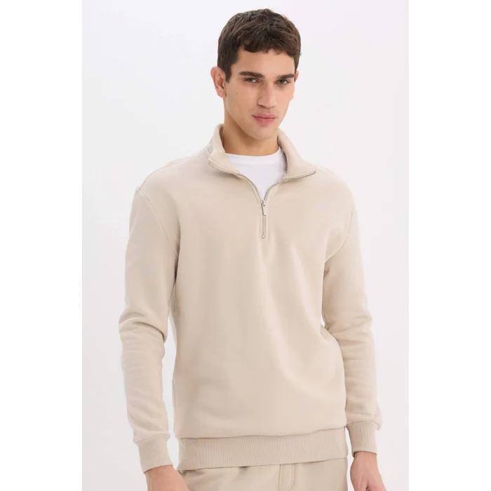 Defacto X7405 Bej Comfort Regular Fit Rahat Kalıp Fermuarlı Dik Yaka Basic Düz Sweatshirt
