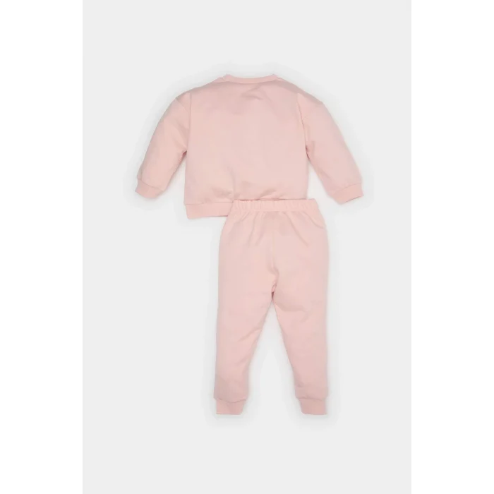 Defacto E2866 Pembe Kız Bebek 2li Takım Fiyonk Baskılı Sweatshirt Beli Lastikli Eşofman Altı