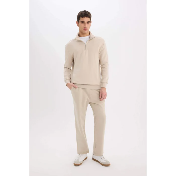 Defacto X7405 Bej Comfort Regular Fit Rahat Kalıp Fermuarlı Dik Yaka Basic Düz Sweatshirt