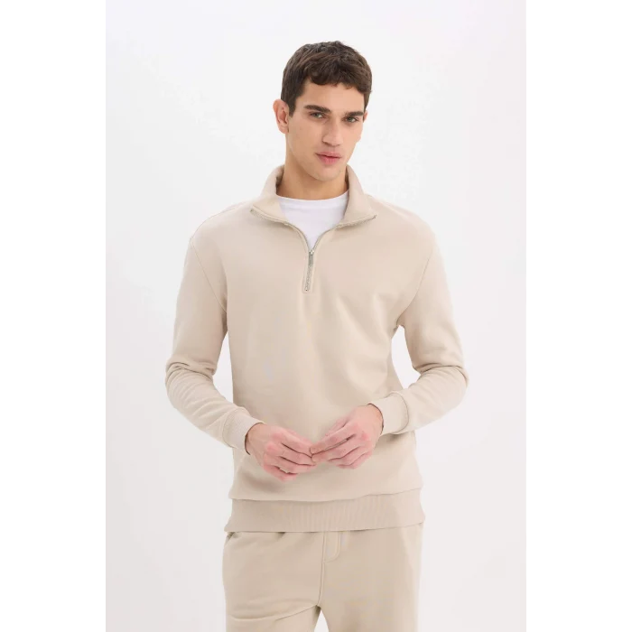 Defacto X7405 Bej Comfort Regular Fit Rahat Kalıp Fermuarlı Dik Yaka Basic Düz Sweatshirt