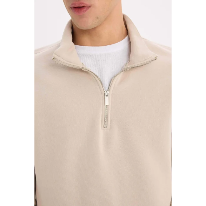 Defacto X7405 Bej Comfort Regular Fit Rahat Kalıp Fermuarlı Dik Yaka Basic Düz Sweatshirt