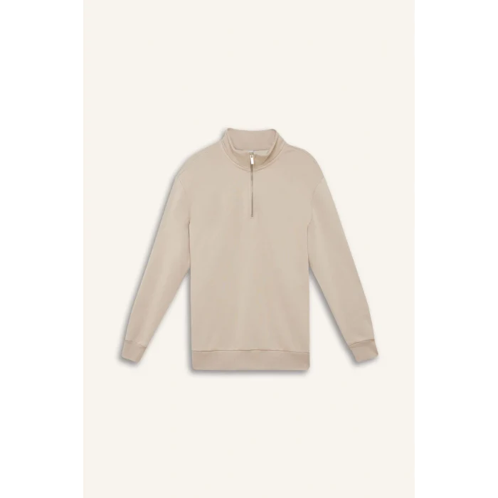 Defacto X7405 Bej Comfort Regular Fit Rahat Kalıp Fermuarlı Dik Yaka Basic Düz Sweatshirt