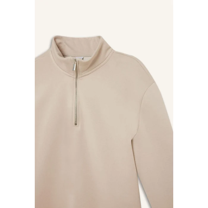 Defacto X7405 Bej Comfort Regular Fit Rahat Kalıp Fermuarlı Dik Yaka Basic Düz Sweatshirt