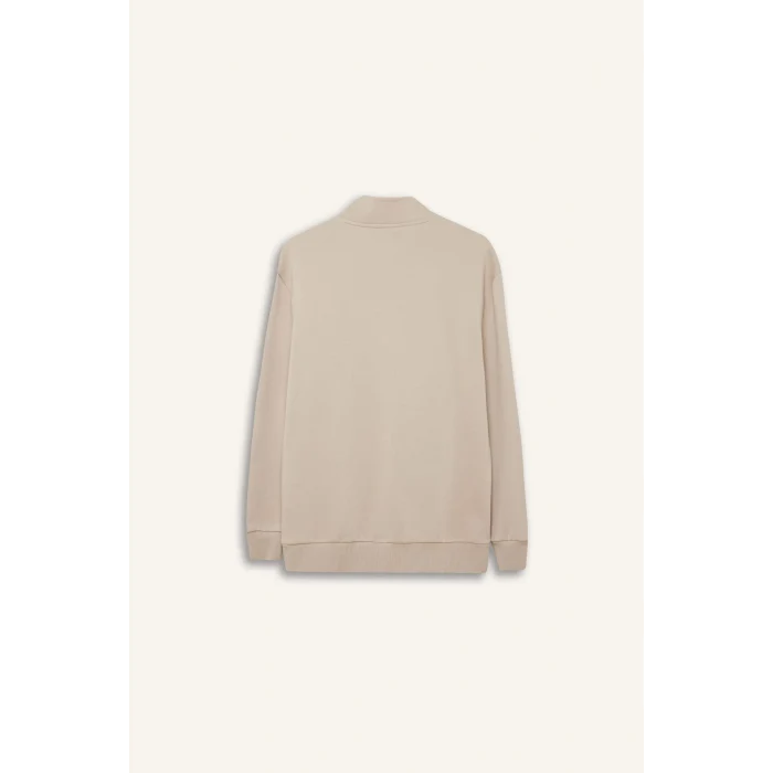 Defacto X7405 Bej Comfort Regular Fit Rahat Kalıp Fermuarlı Dik Yaka Basic Düz Sweatshirt