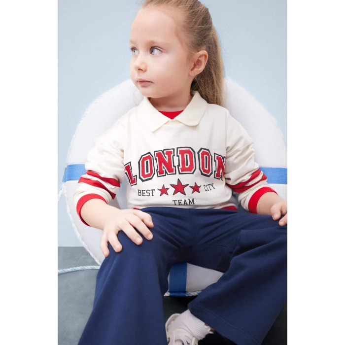 Defacto D7874 Ekru Kız Bebek 2li Takım Polo Yaka Baskılı Sweatshirt Beli Lastikli Geniş Bol Paça Eşofman Altı