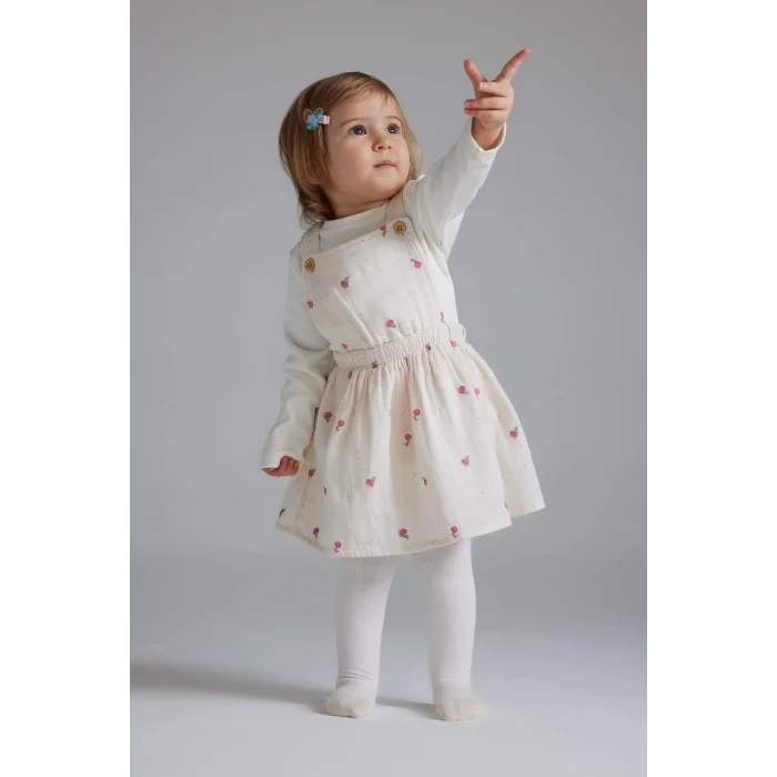 Defacto D9096 Pembe Kız Bebek 3lü Takım Müslin Çiçekli Uzun Kollu Tişört Salopet Elbise Külotlu Çorap
