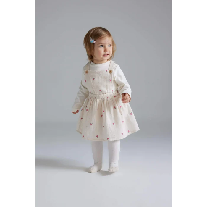 Defacto D9096 Pembe Kız Bebek 3lü Takım Müslin Çiçekli Uzun Kollu Tişört Salopet Elbise Külotlu Çorap
