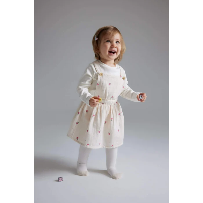 Defacto D9096 Pembe Kız Bebek 3lü Takım Müslin Çiçekli Uzun Kollu Tişört Salopet Elbise Külotlu Çorap
