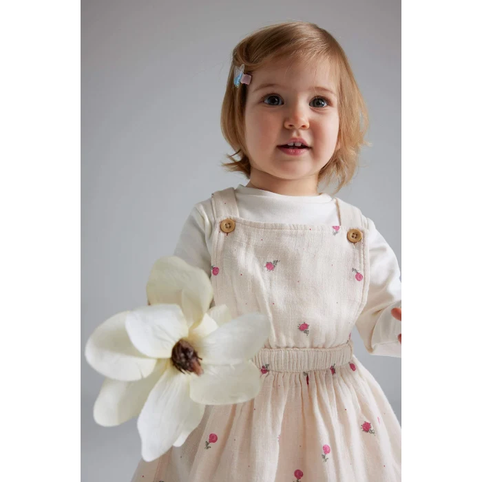Defacto D9096 Pembe Kız Bebek 3lü Takım Müslin Çiçekli Uzun Kollu Tişört Salopet Elbise Külotlu Çorap