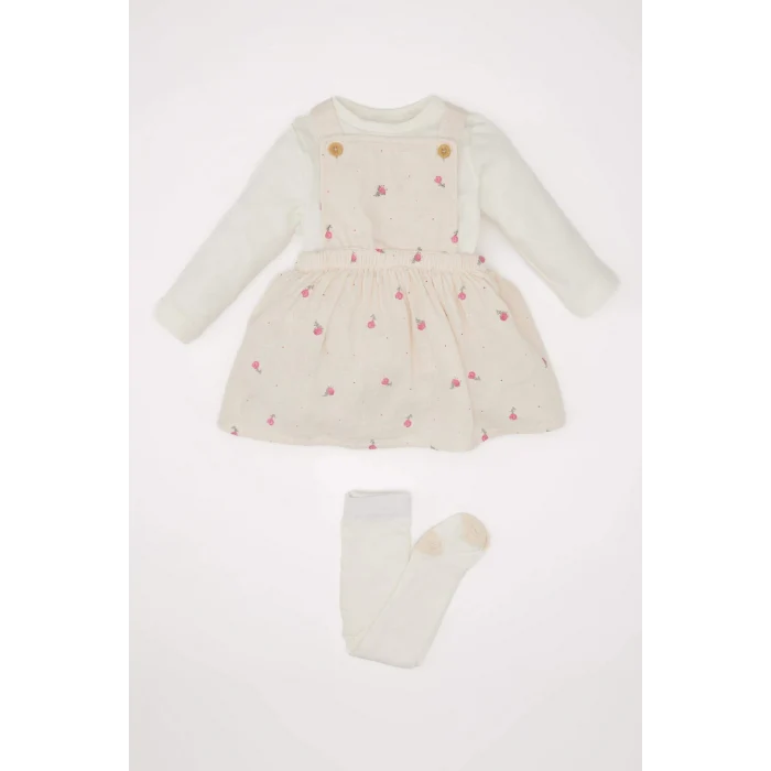 Defacto D9096 Pembe Kız Bebek 3lü Takım Müslin Çiçekli Uzun Kollu Tişört Salopet Elbise Külotlu Çorap