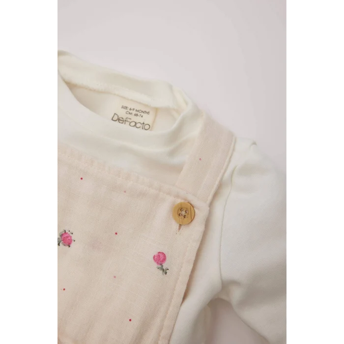 Defacto D9096 Pembe Kız Bebek 3lü Takım Müslin Çiçekli Uzun Kollu Tişört Salopet Elbise Külotlu Çorap