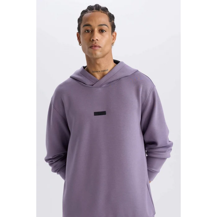 Defacto D7364 Mor DeFactoFit Standart Fit Kapüşonlu Skuba Dalgıç Kumaş Sporcu Sweatshirt
