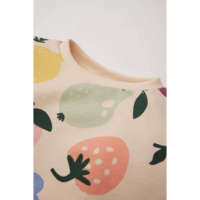 Defacto E0201 Bej Kız Bebek 2li Takım Meyve Desenli Bisiklet Yaka Sweatshirt Beli Lastikli Eşofman Altı