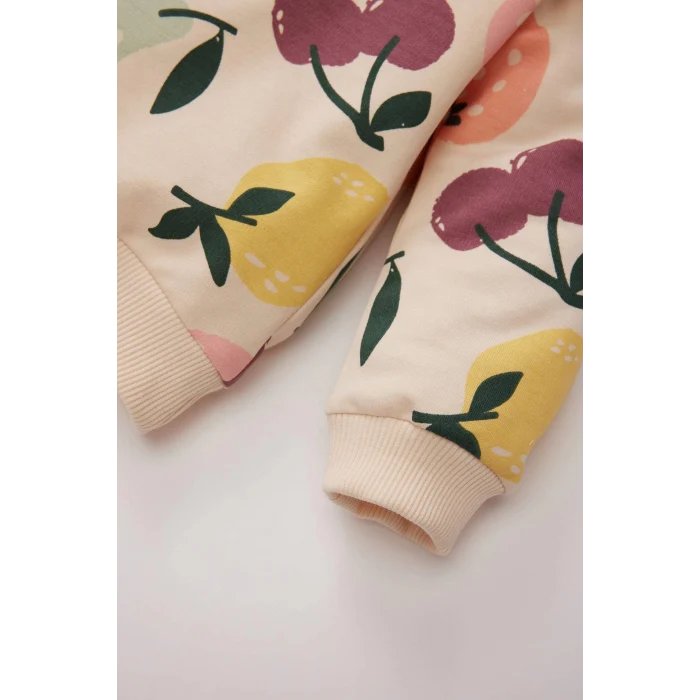 Defacto E0201 Bej Kız Bebek 2li Takım Meyve Desenli Bisiklet Yaka Sweatshirt Beli Lastikli Eşofman Altı