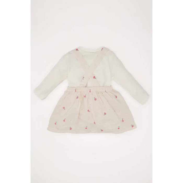 Defacto D9096 Pembe Kız Bebek 3lü Takım Müslin Çiçekli Uzun Kollu Tişört Salopet Elbise Külotlu Çorap