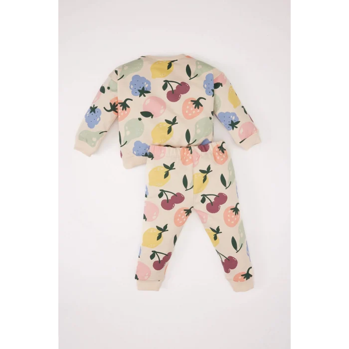 Defacto E0201 Bej Kız Bebek 2li Takım Meyve Desenli Bisiklet Yaka Sweatshirt Beli Lastikli Eşofman Altı