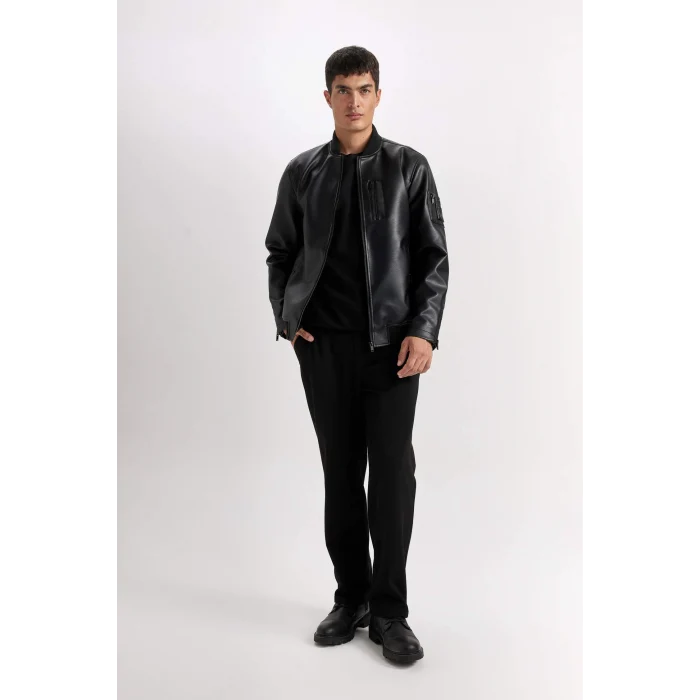 Defacto D6245 Siyah Su İtici Bomber Mont Ceket Suni Deri Kolej Yaka Fermuarlı Cepli Mevsimlik