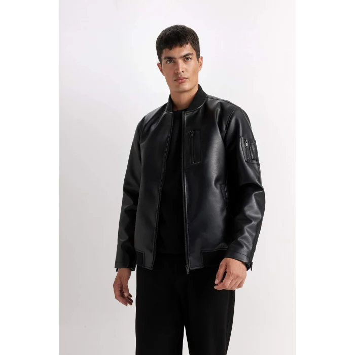 Defacto D6245 Siyah Su İtici Bomber Mont Ceket Suni Deri Kolej Yaka Fermuarlı Cepli Mevsimlik