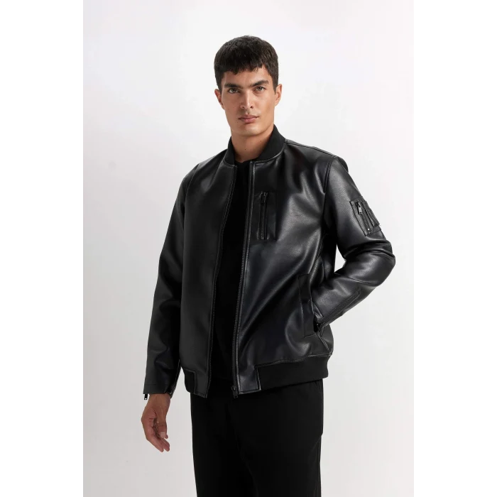 Defacto D6245 Siyah Su İtici Bomber Mont Ceket Suni Deri Kolej Yaka Fermuarlı Cepli Mevsimlik