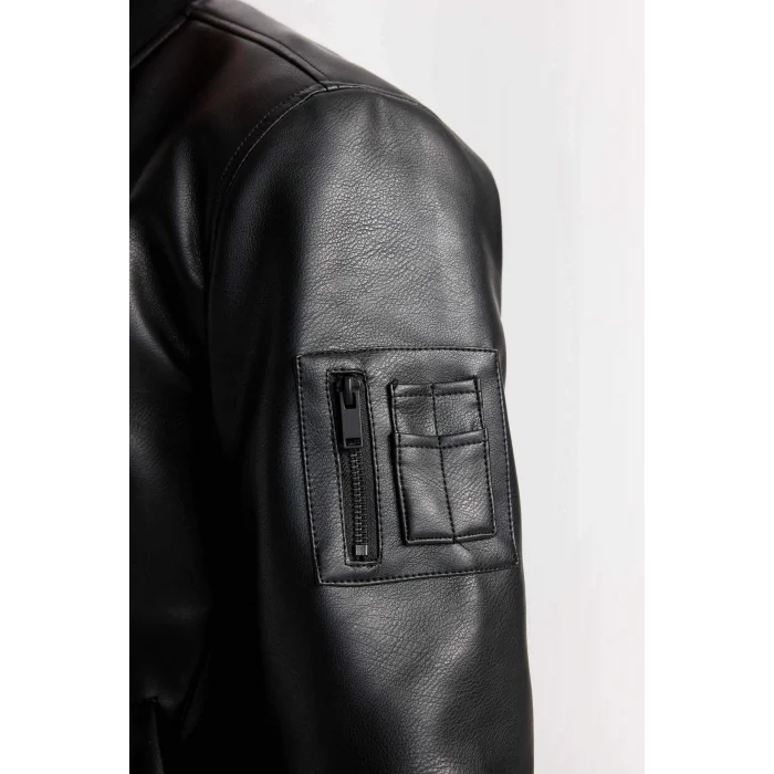 Defacto D6245 Siyah Su İtici Bomber Mont Ceket Suni Deri Kolej Yaka Fermuarlı Cepli Mevsimlik