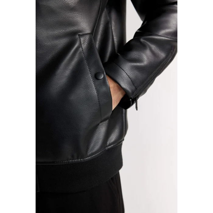 Defacto D6245 Siyah Su İtici Bomber Mont Ceket Suni Deri Kolej Yaka Fermuarlı Cepli Mevsimlik