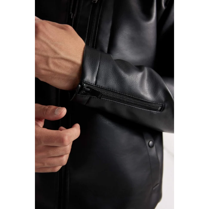 Defacto D6245 Siyah Su İtici Bomber Mont Ceket Suni Deri Kolej Yaka Fermuarlı Cepli Mevsimlik