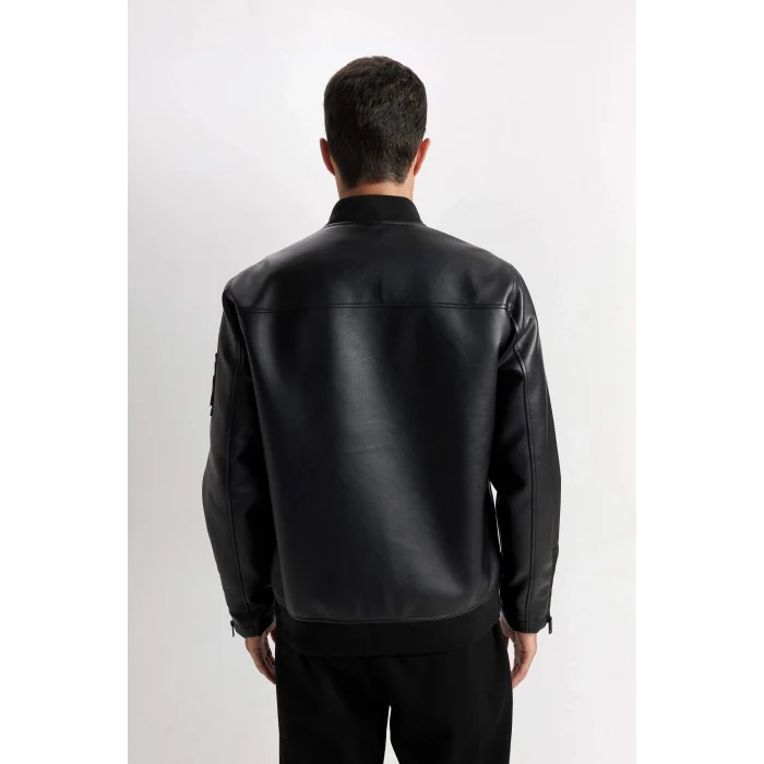 Defacto D6245 Siyah Su İtici Bomber Mont Ceket Suni Deri Kolej Yaka Fermuarlı Cepli Mevsimlik