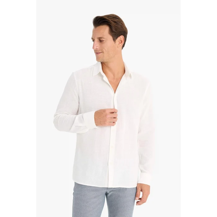 Defacto D7394 Ekru %100 Pamuk Regular Fit İnce Kumaş Polo Yaka Uzun Kollu Gömlek