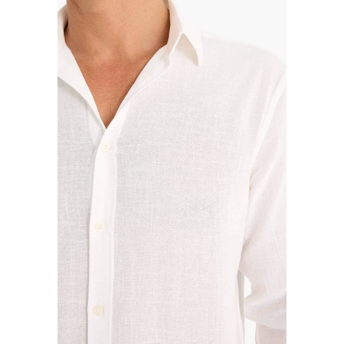 Defacto D7394 Ekru %100 Pamuk Regular Fit İnce Kumaş Polo Yaka Uzun Kollu Gömlek
