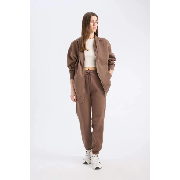 Defacto S7370 Kahve Standart Fit Kalın Jogger Eşofman Altı Bel Paça Lastikli Basic Düz Uzun Boy