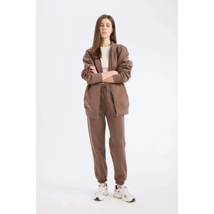 Defacto S7370 Kahve Standart Fit Kalın Jogger Eşofman Altı Bel Paça Lastikli Basic Düz Uzun Boy