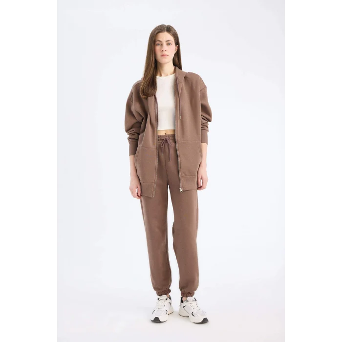 Defacto S7370 Kahve Standart Fit Kalın Jogger Eşofman Altı Bel Paça Lastikli Basic Düz Uzun Boy